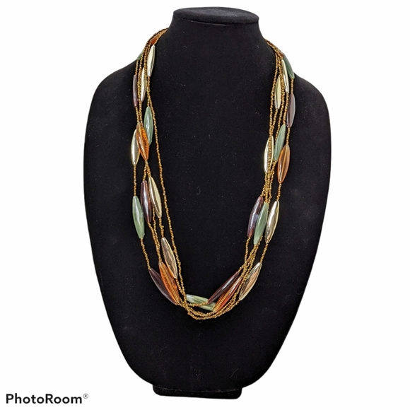Necklace Beaded Multistrand Green Brown Gold - Picture 2 of 6